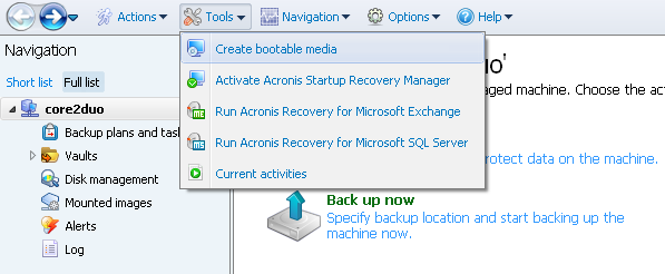 Acronis Backup and Recovery 11.5 Server for Windows navigation 