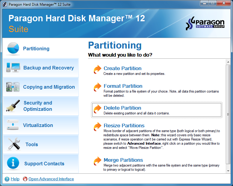 Paragon Hard Disk Manager 12 interface