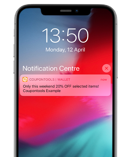 Mobile Wallet Marketing Platform - Woman holding smartphone with Digital regular Coupon saved to her Mobile Wallet.